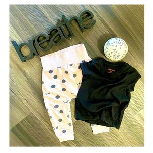 Polka dot pink high waisted sweat pants+black Cat & Jack 18 month t-shirt.